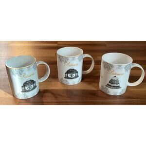 Set of 3 Patisserie White Porcelain Cups with French Pastry Design Made By BIA
